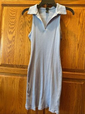 Light Blue Ribbed Collared Sleeveless Dress